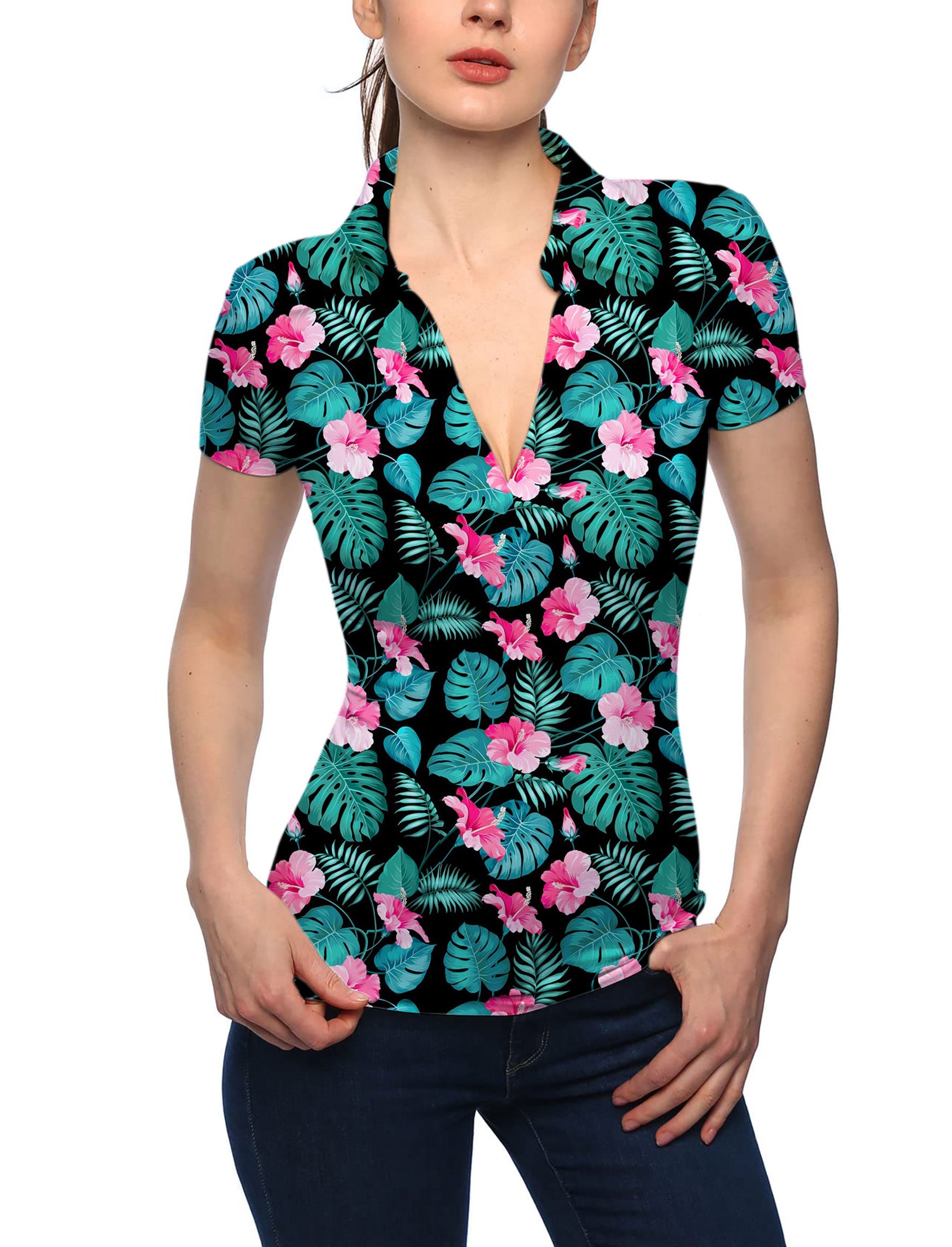 Women's Tropic Floral V Neck Golf Polo