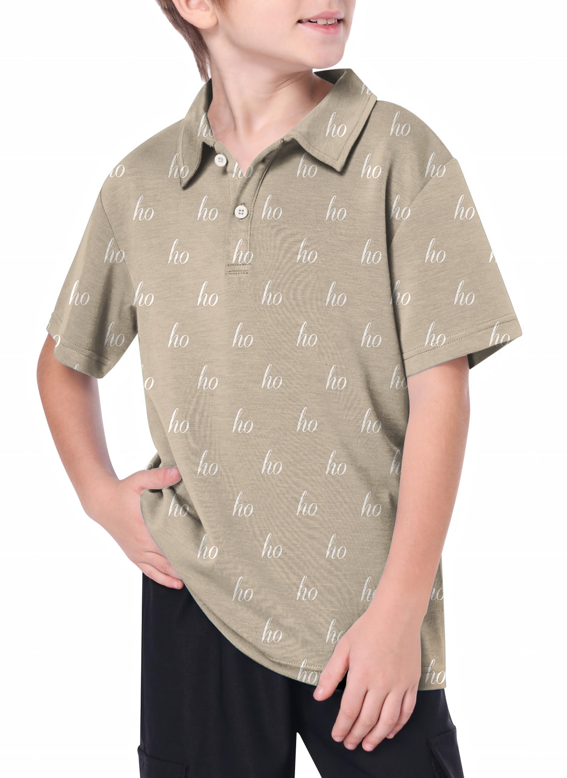 Youth beige custom name Christmas golf polo for youth with moisture-wicking, 4-way stretch, and UPF 40+ protection