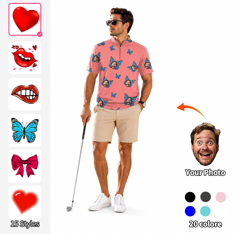 Valentine's Day Men's Short Sleeve Quarter Zip Golf Pullover   Custom Photo Face Custom Colorhot Pink Love Embroidery