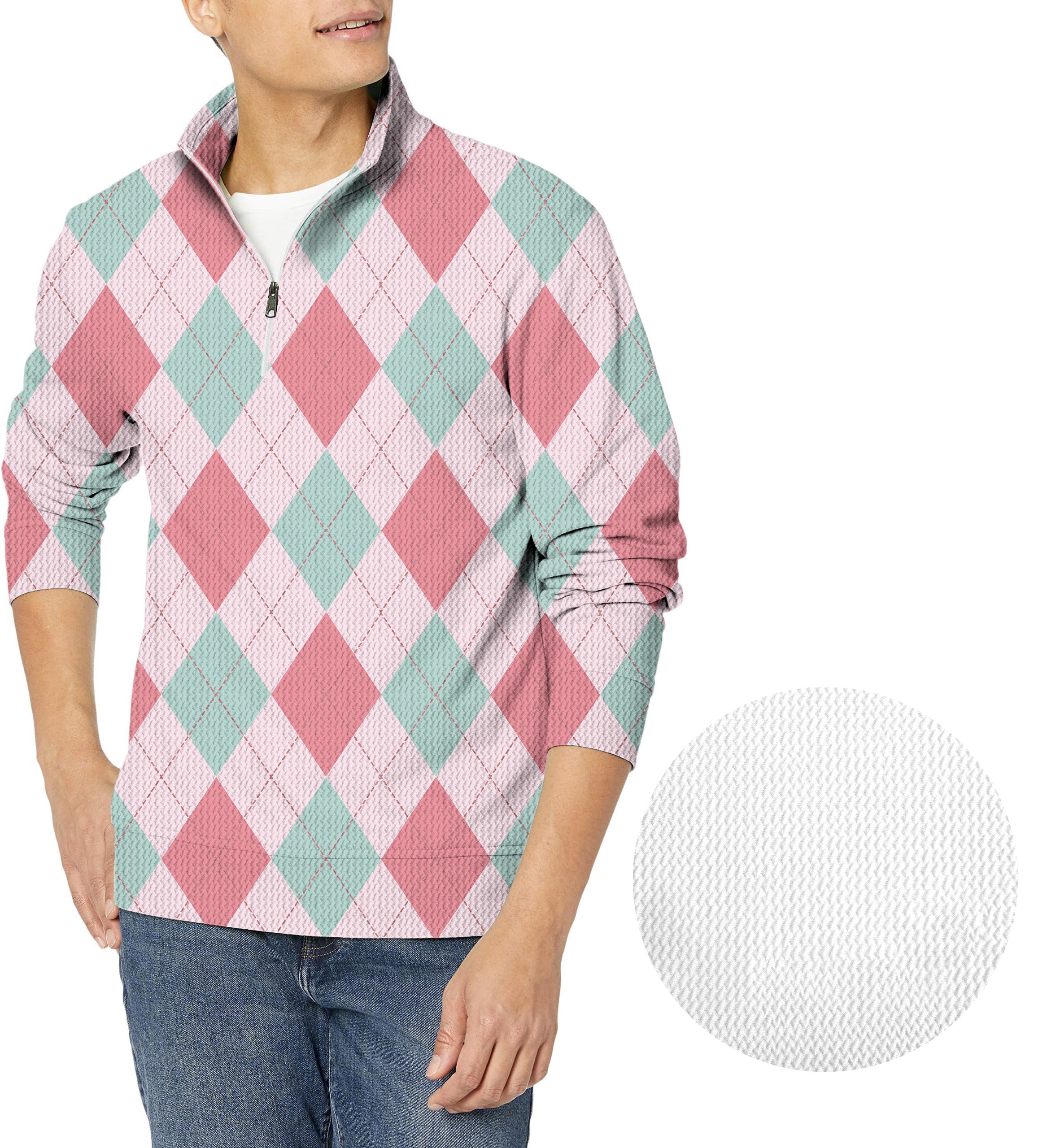pink Argyle-Men's Golf Waffle Zipper Pullover
