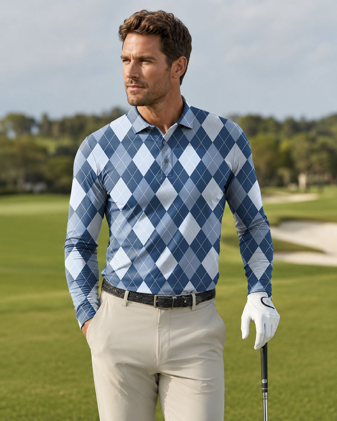 Men's blue Argyle Long-sleeved Polo