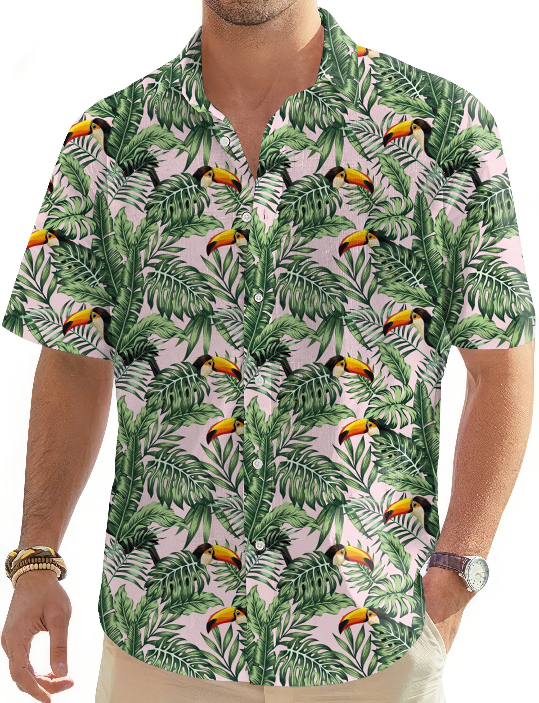 Flamingo green leaves-Men's Golf Hawaiian Shirts Button Down Shirt