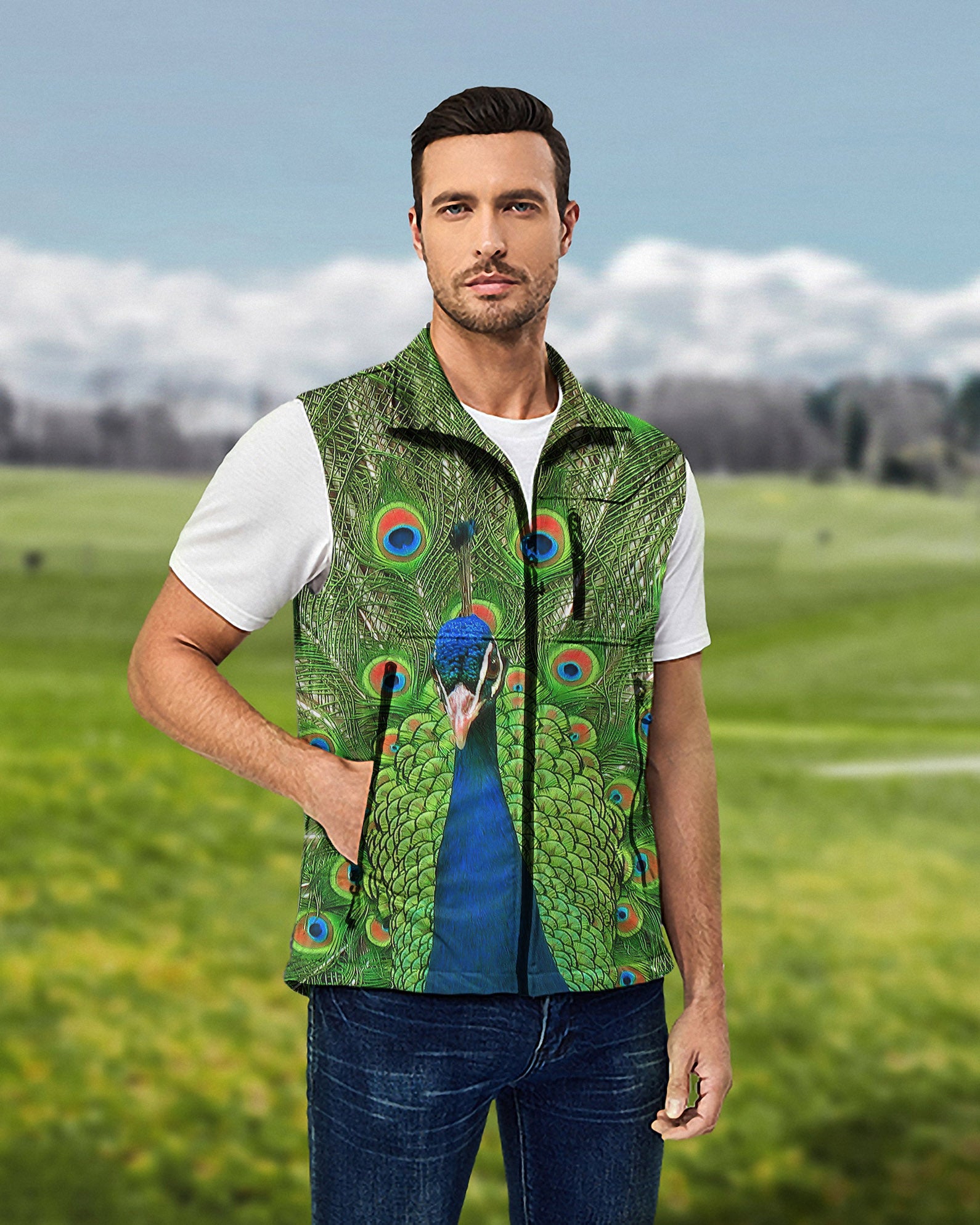 Men's peacock flaunting its tail Lightweight Softshell Vest Sleeveless Jacket for Golf