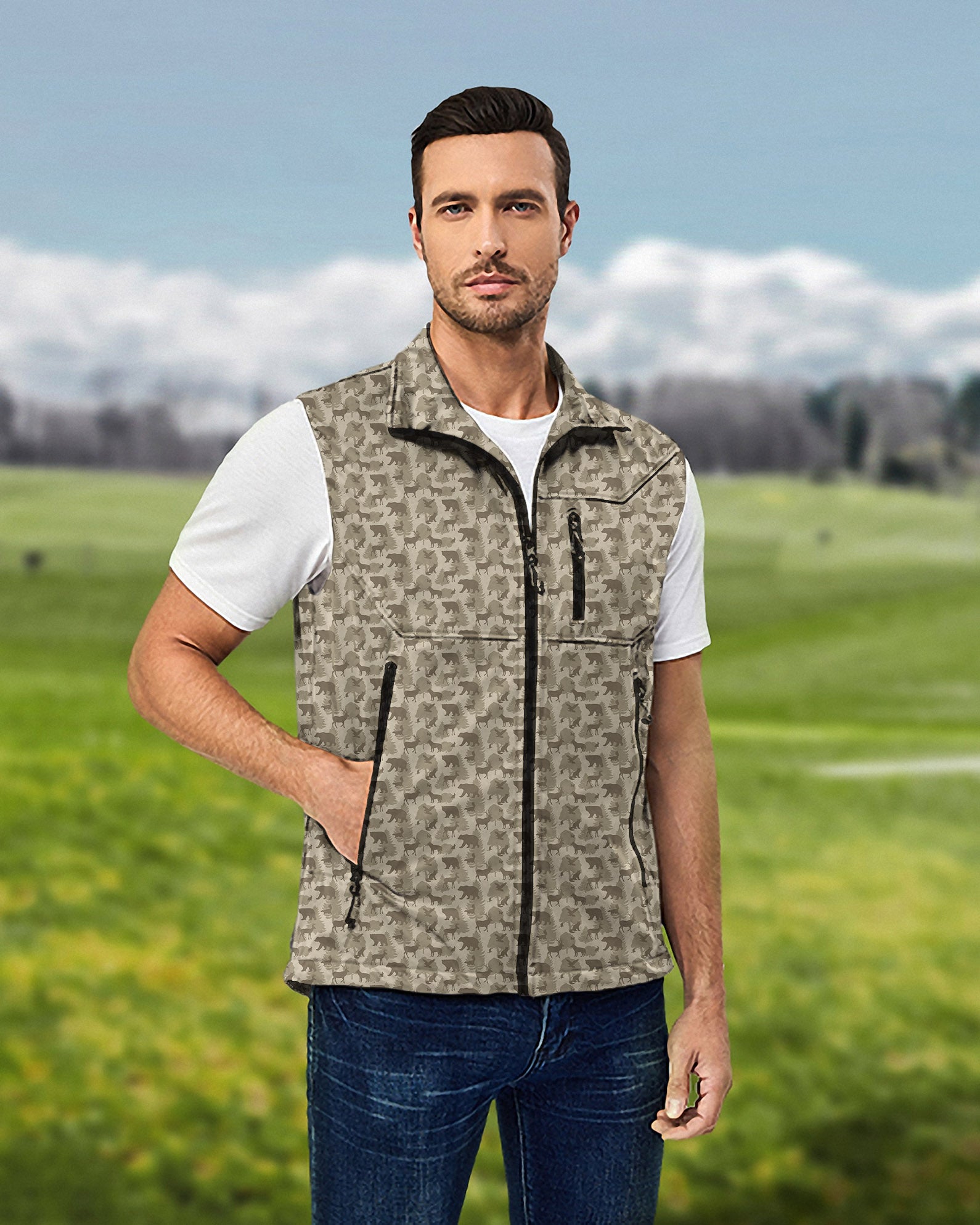 Men's Forest animal bear deer Lightweight Softshell Vest Sleeveless Jacket for Golf Windproof Waterproof