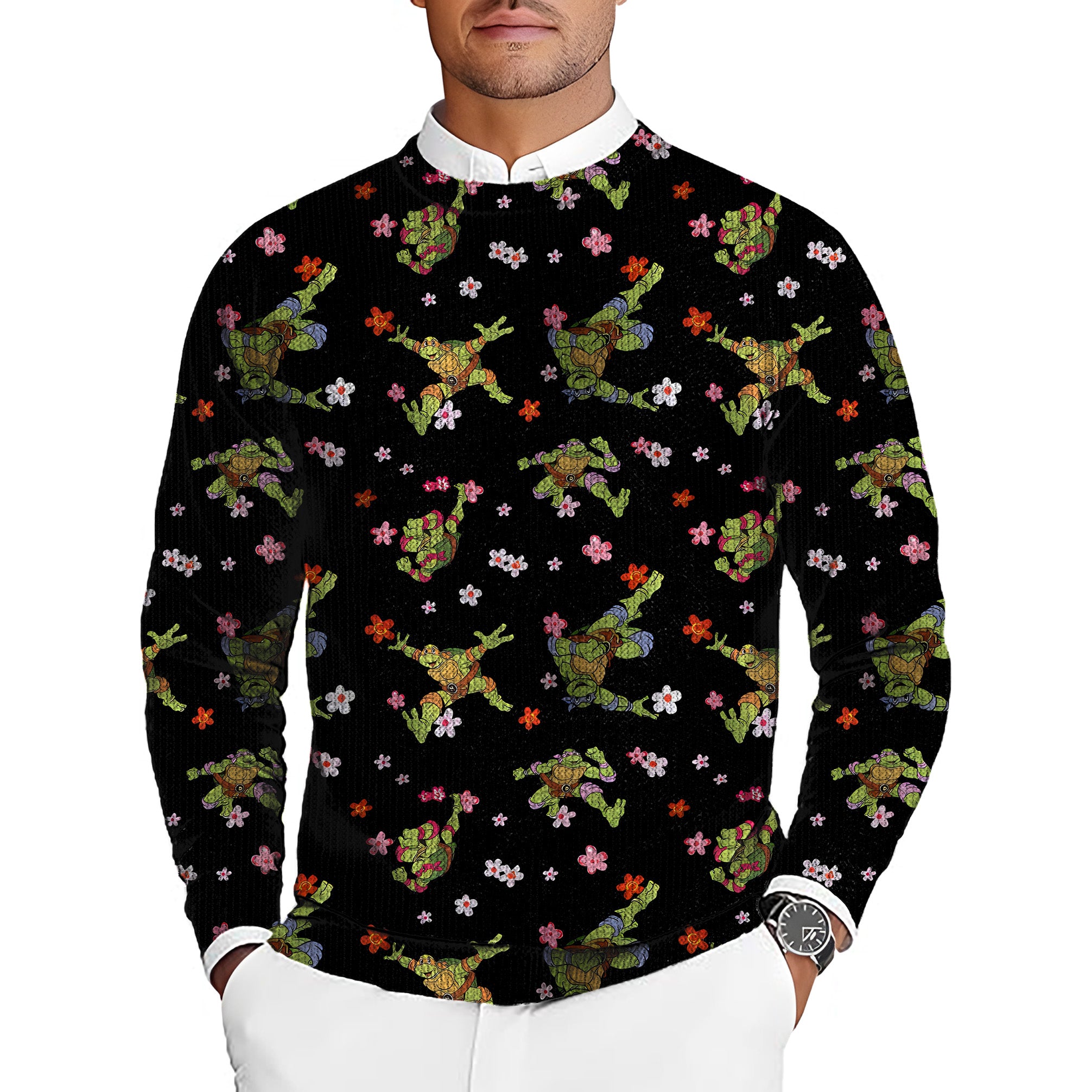 TMNT - TURTLE FLOWER POWER Men's Golf Crewneck Pullover Sweaters Ugly Sweater