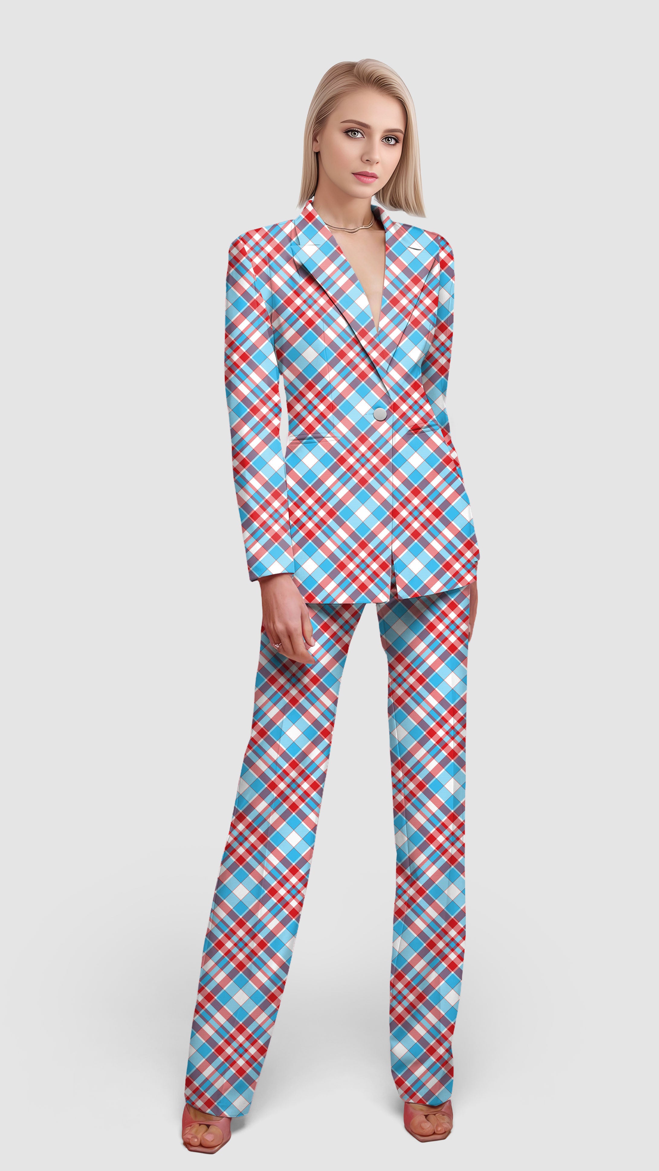 Argyle red blue-Women's Blazer Casual Work Office Blazer Suit set