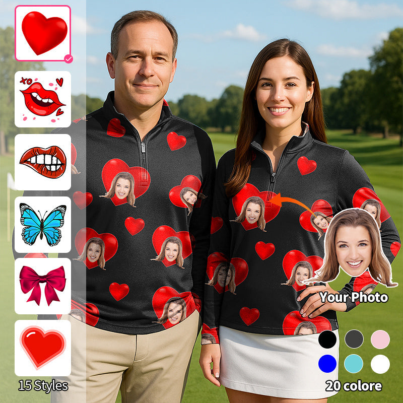 Valentine's Day custom photo black couple golf 3/4 zip top with hearts and face prints