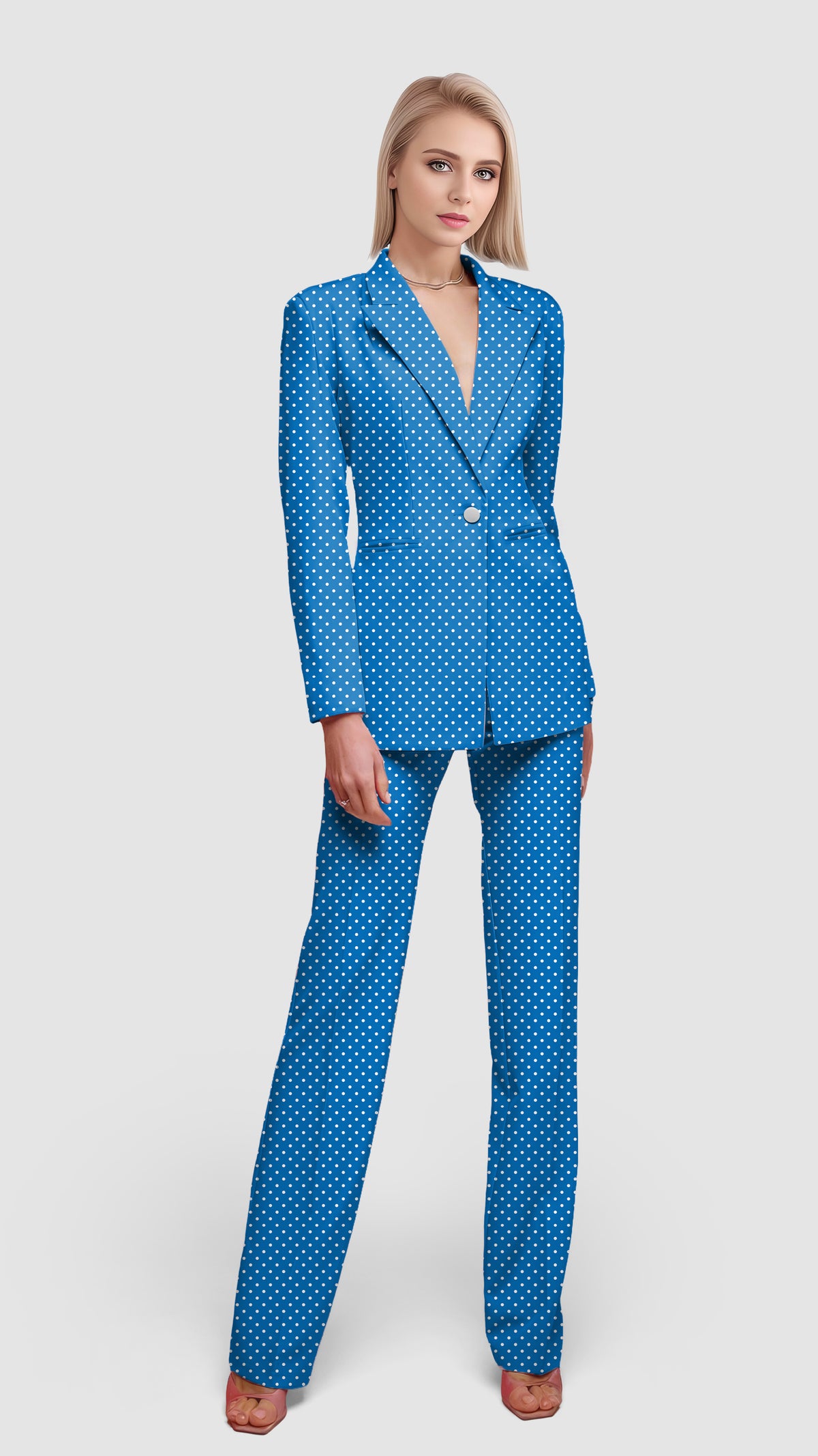 Sky blue with white polka dots Women's Blazer Casual Work Office Blazer Suit set