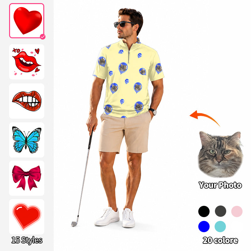 Valentine's Day Men's Short Sleeve Quarter Zip Golf Pullover   Custom Photo Face Custom Color Yellow Love Embroidery