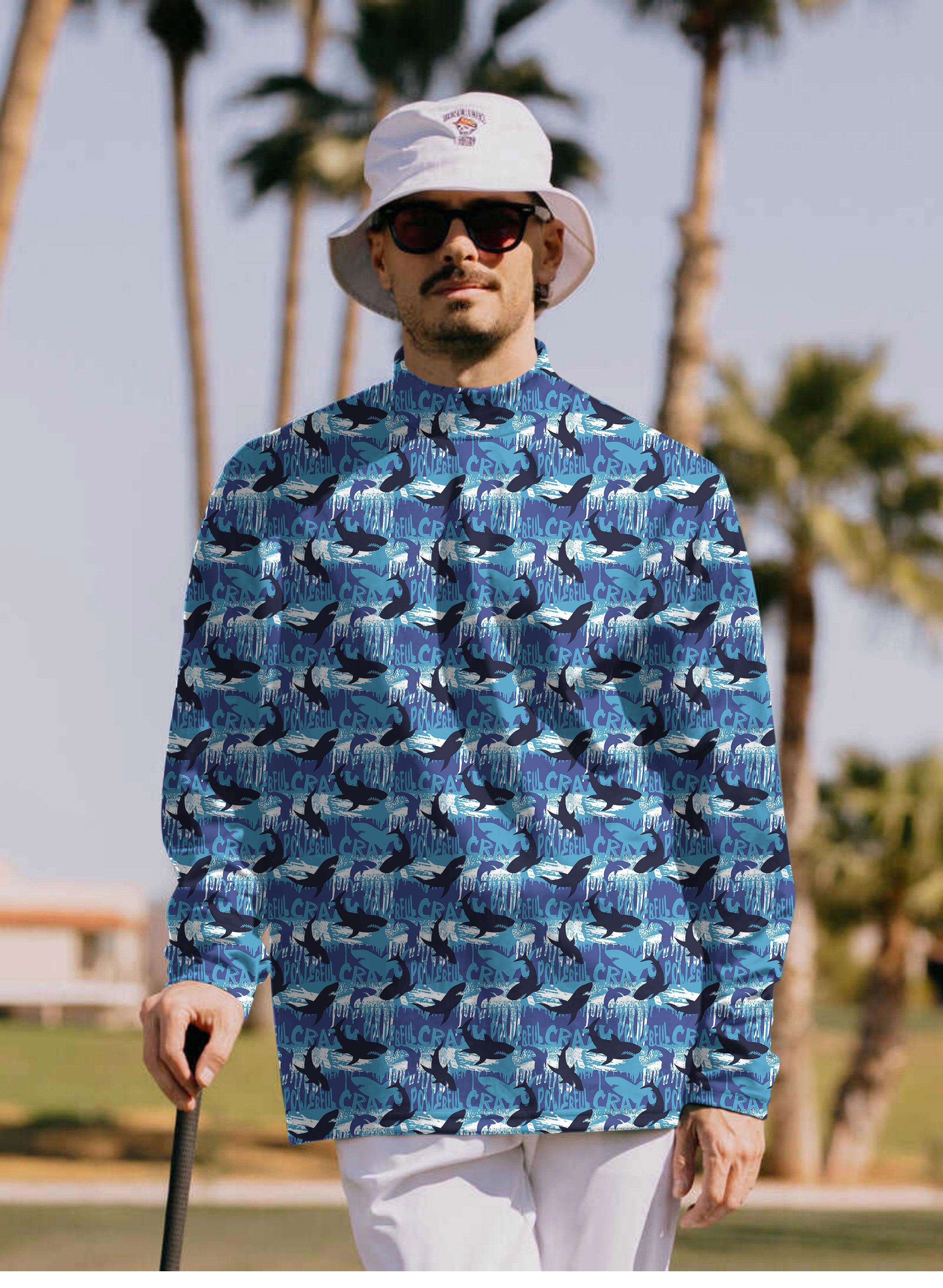 Men's blue shark Pullover High neck Long/Short sleeve T-Shirt