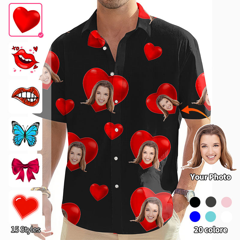 Valentine's Day Custom Photo Face Custom Color Black Men's Golf Hawaiian Shirts Button Down Shirt