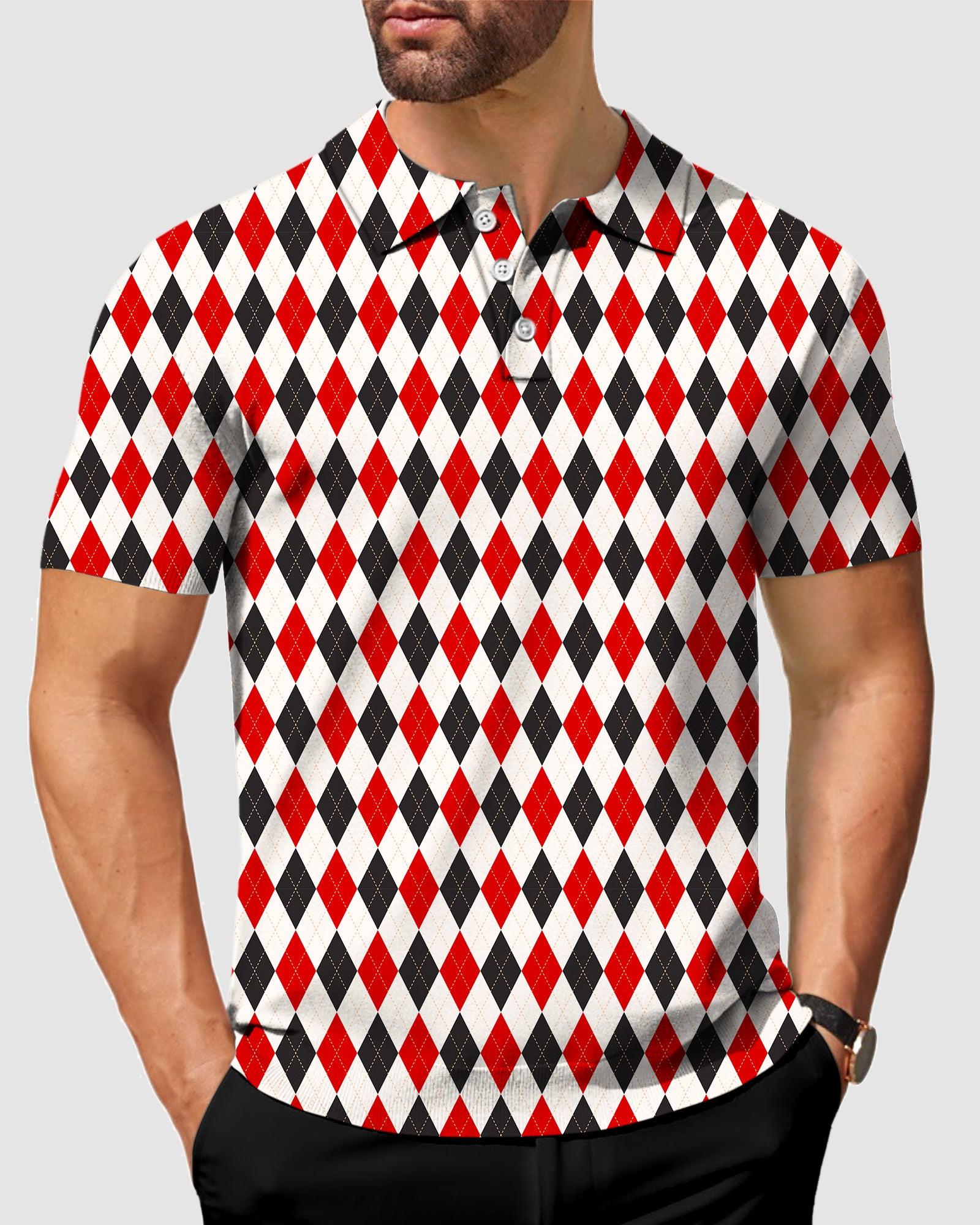 Men's Red black grid golf polo