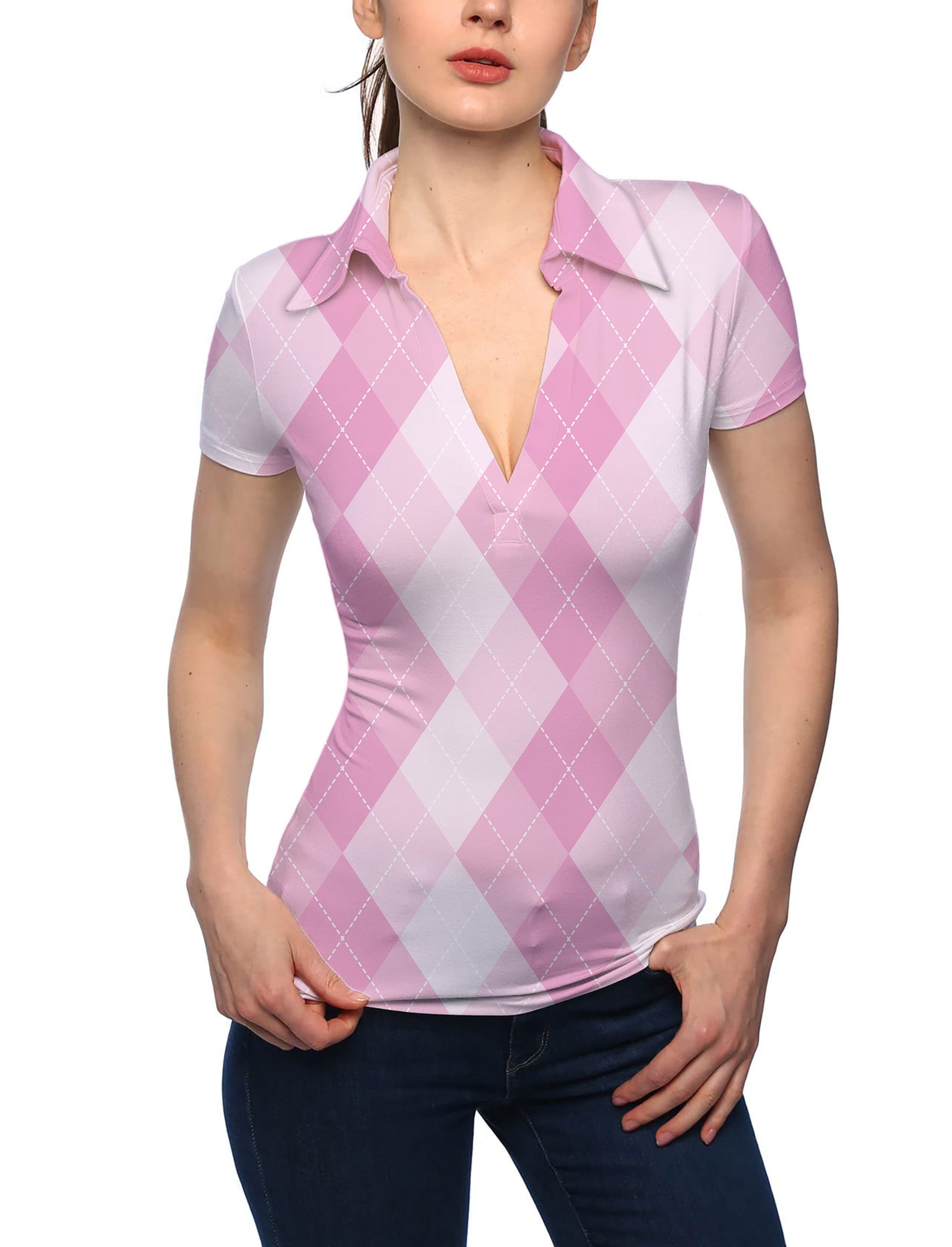 Women's pink Argyle V Neck Golf Polo