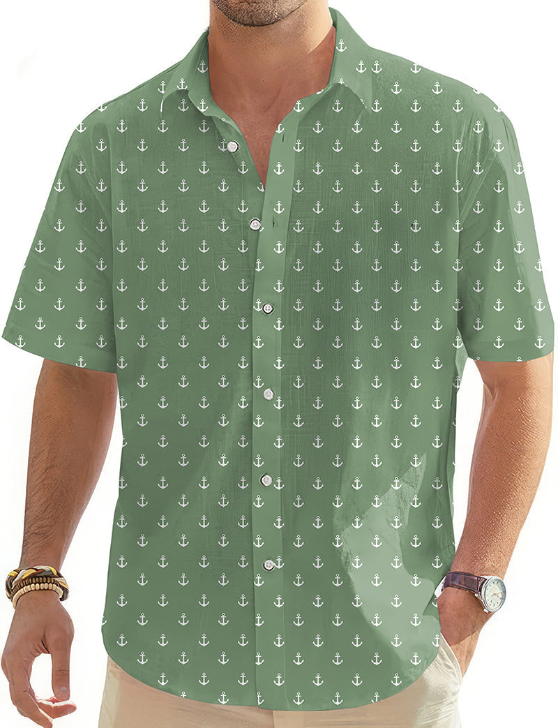 Grass green anchor men's Hawaiian golf shirt with short sleeves and button-down collar