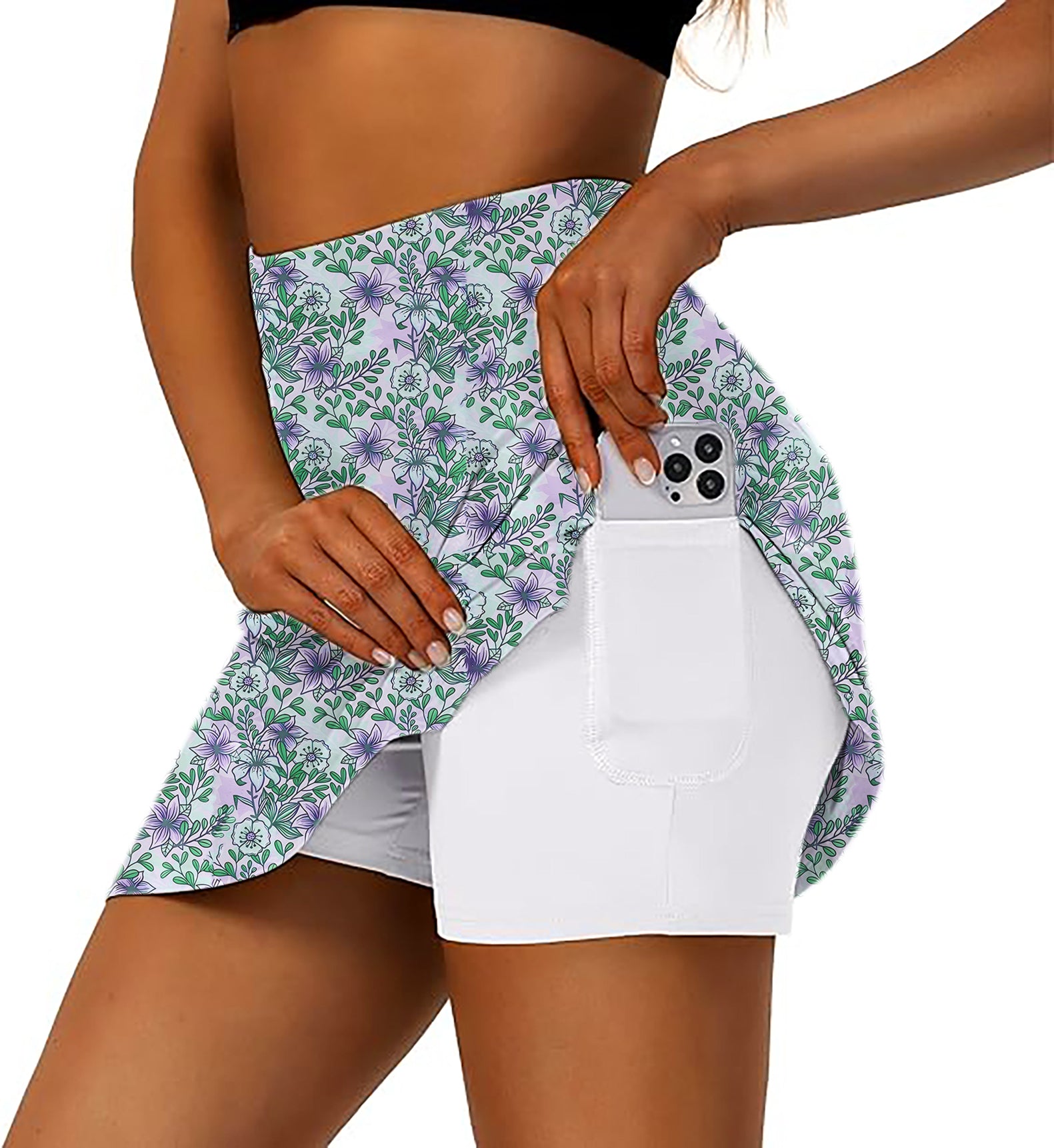 Women's Purple flowers Golf Skirts Inner Shorts Pocket