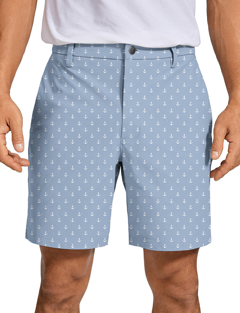 Men's blue anchor pattern golf shorts with quick dry, stretch fabric and wrinkle-free finish
