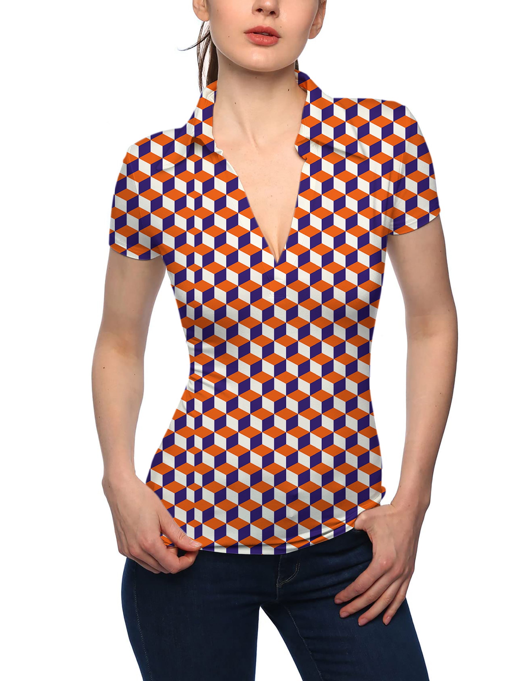 Women's orange  3d square box V Neck Golf Polo