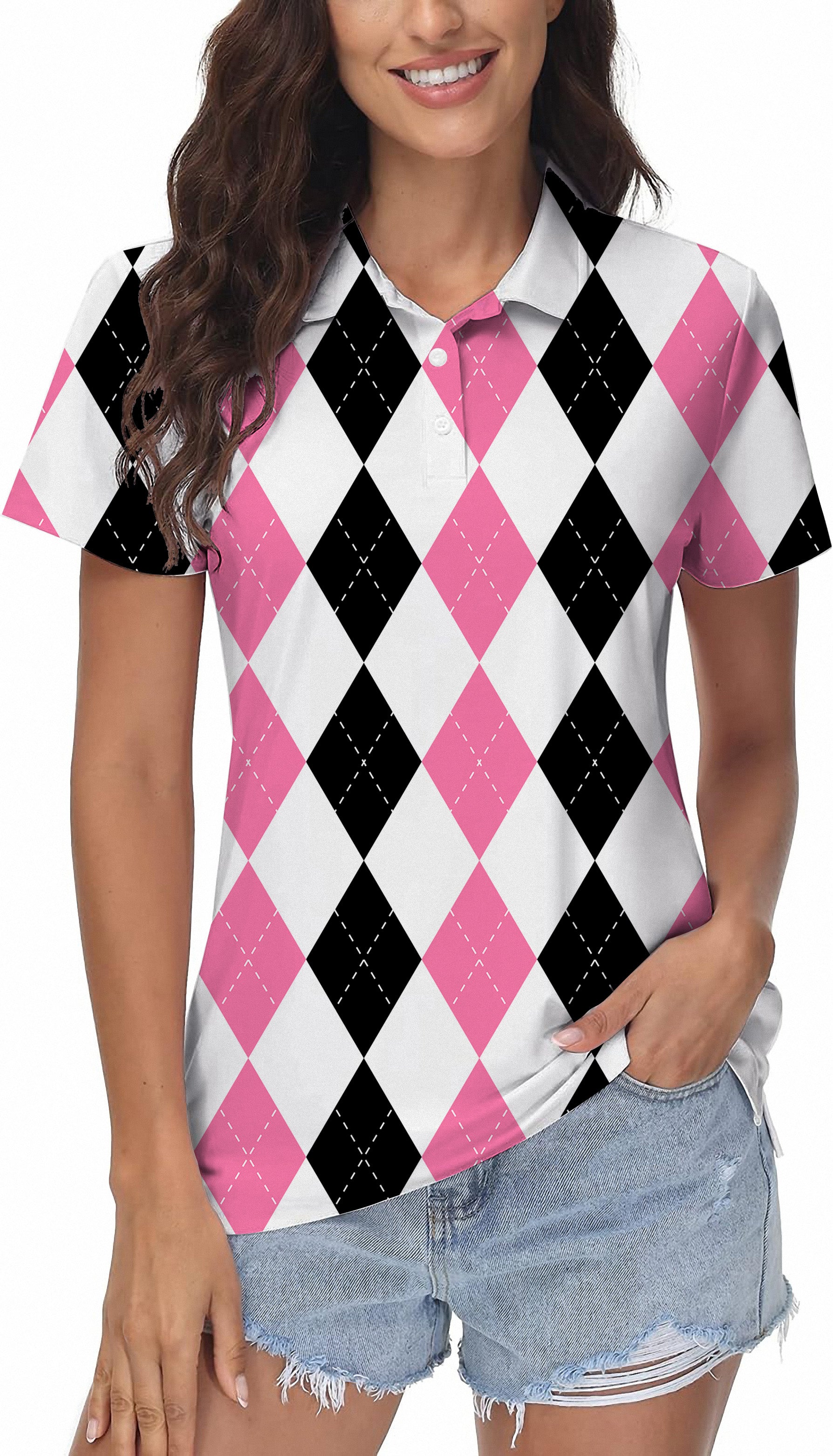 pink black argyle Women's Golf Polo