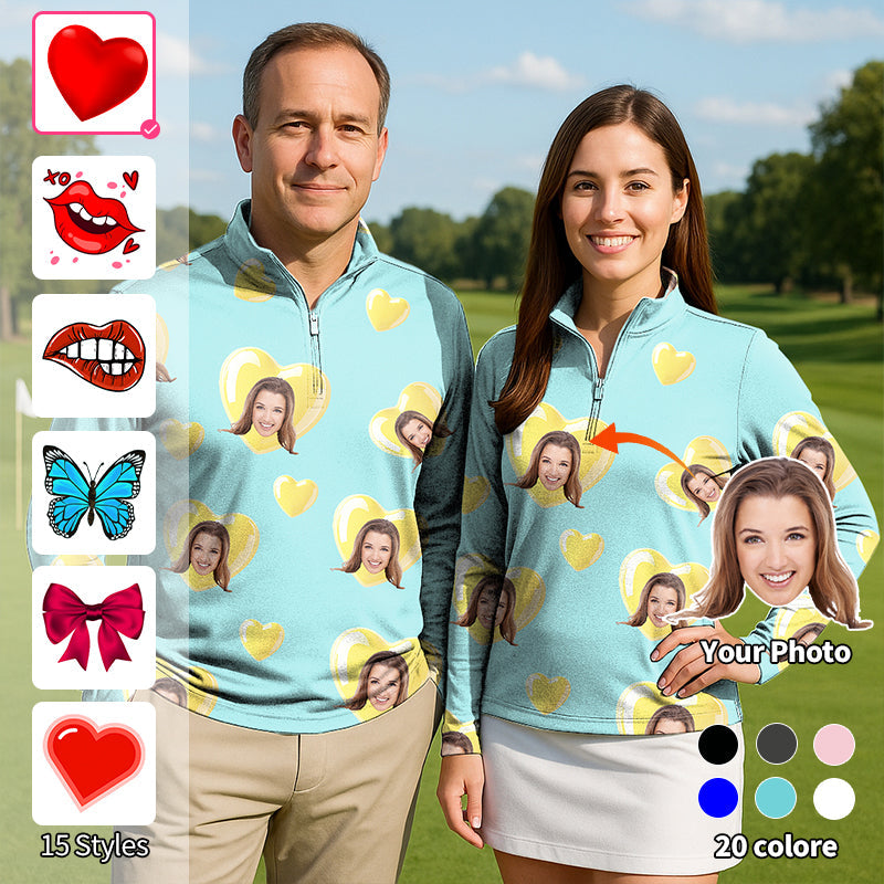 Valentine's Day custom photo face blue green couple golf 3/4 zip top long sleeves