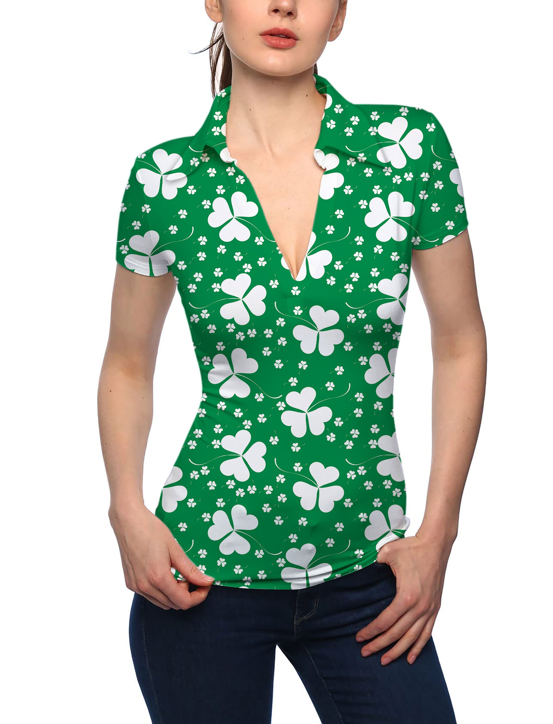 Women's Leaf clover St. Patrick's Day V Neck Golf Polo