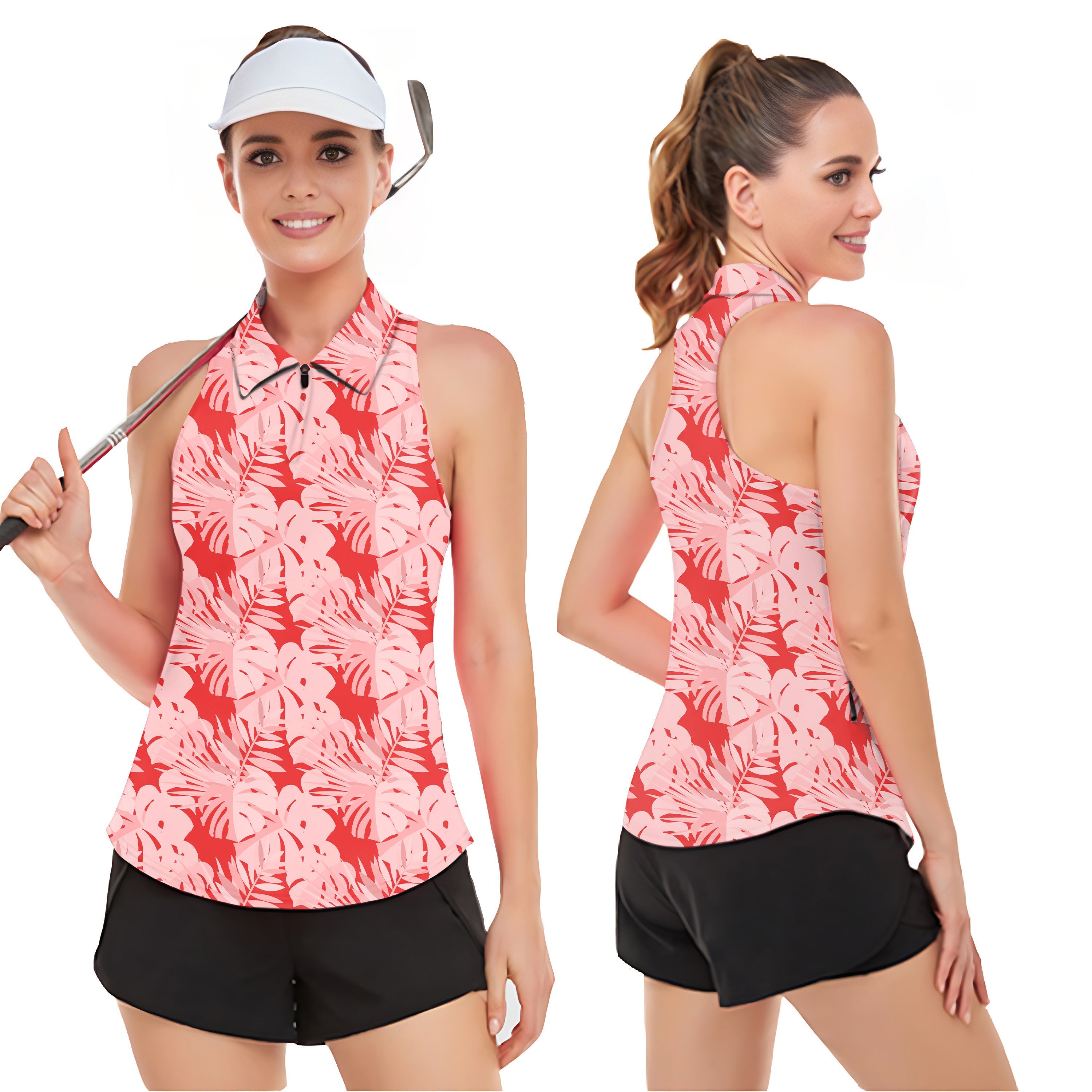 red tropical leaves and plants Women??s Sleeveless Golf Tank Top Shirt Polo