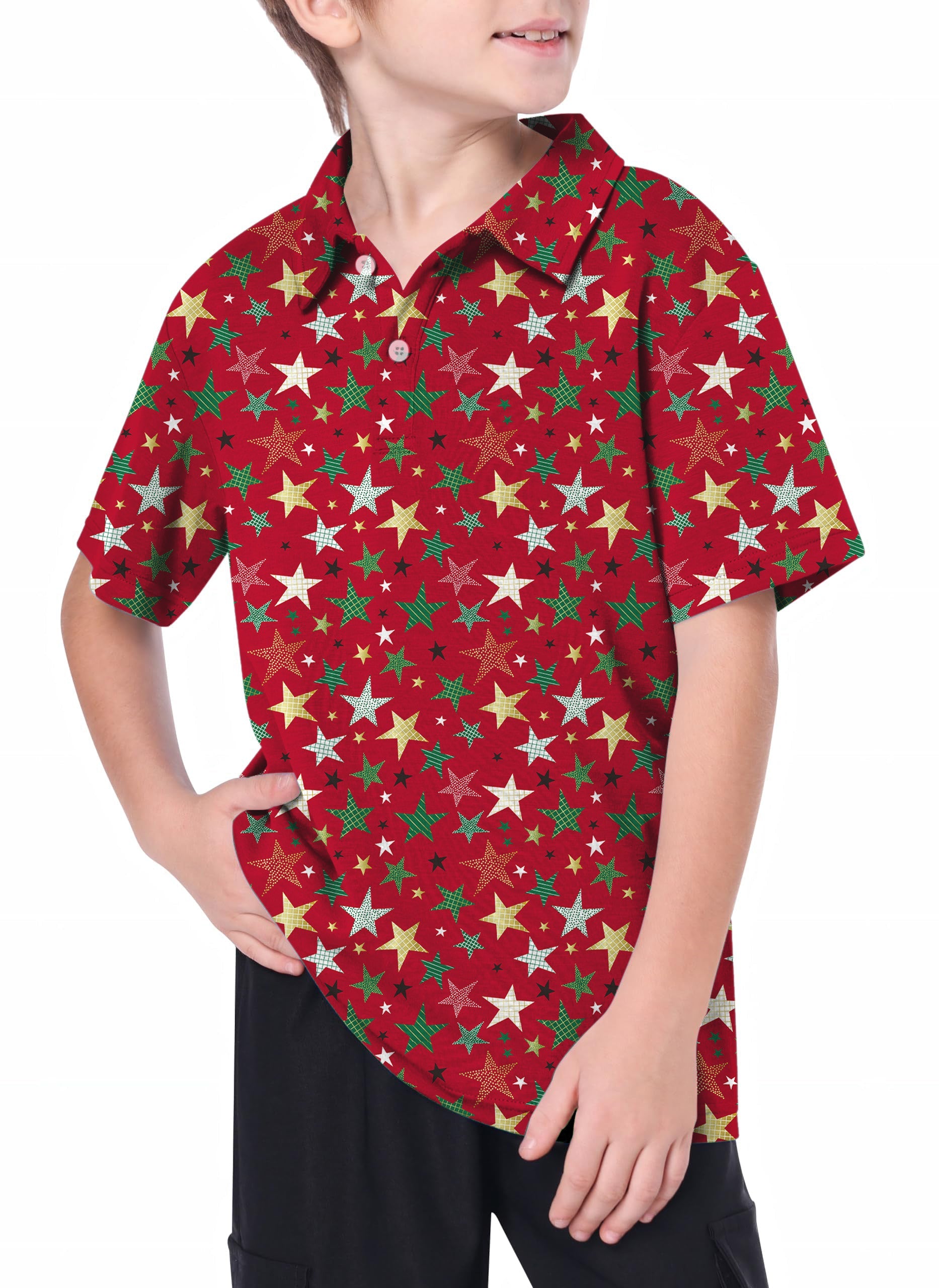 Youth Golf Polo with colorful star pattern on red background, short sleeves, and collar suitable for active wear