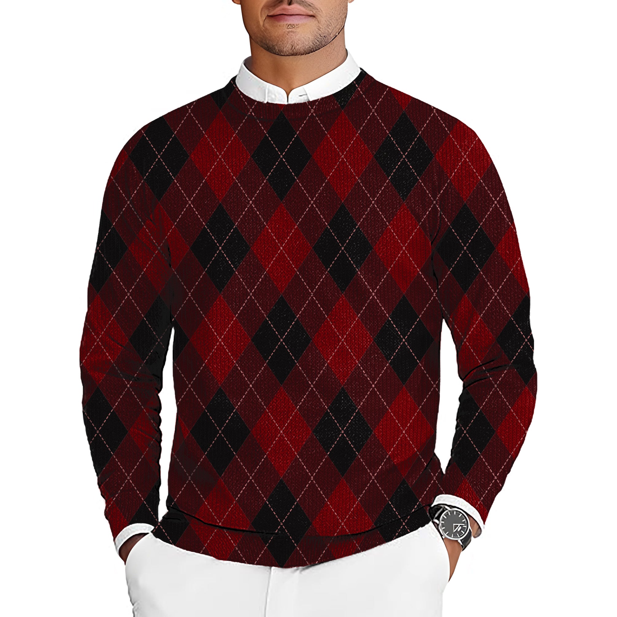 red Argyle Men's Golf Crewneck Pullover Sweaters Ugly Sweater