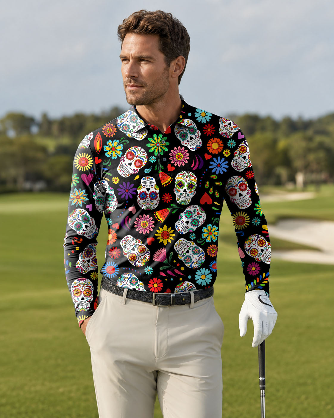 Men's golf Long-sleeved Polo Fiesta Feeling skull