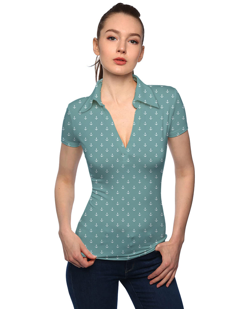 Women's green blue anchor V neck golf polo shirt with short sleeves and stand collar