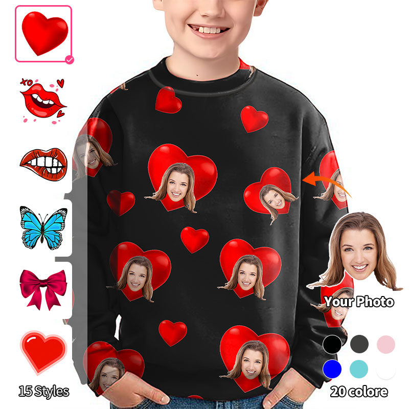 Valentine's Day Custom Photo Face Custom Color Black Love Crewneck Pullover Kids Ugly Sweater