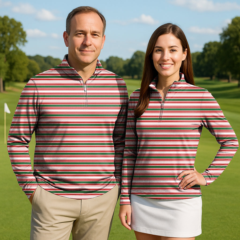 Striped Christmas Couple Golf Active 3/4 Zip Top Long Sleeves
