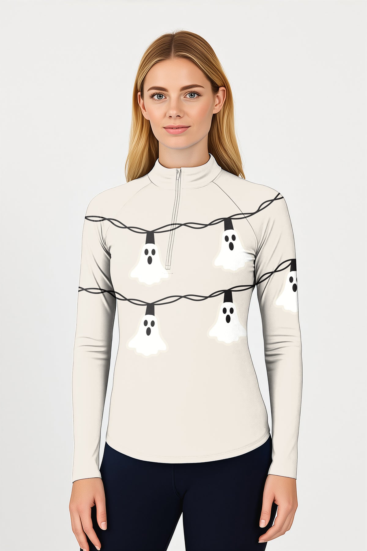 Halloween Ghost Light Women's Golf Active 3/4 Zipper Top Long Sleeves