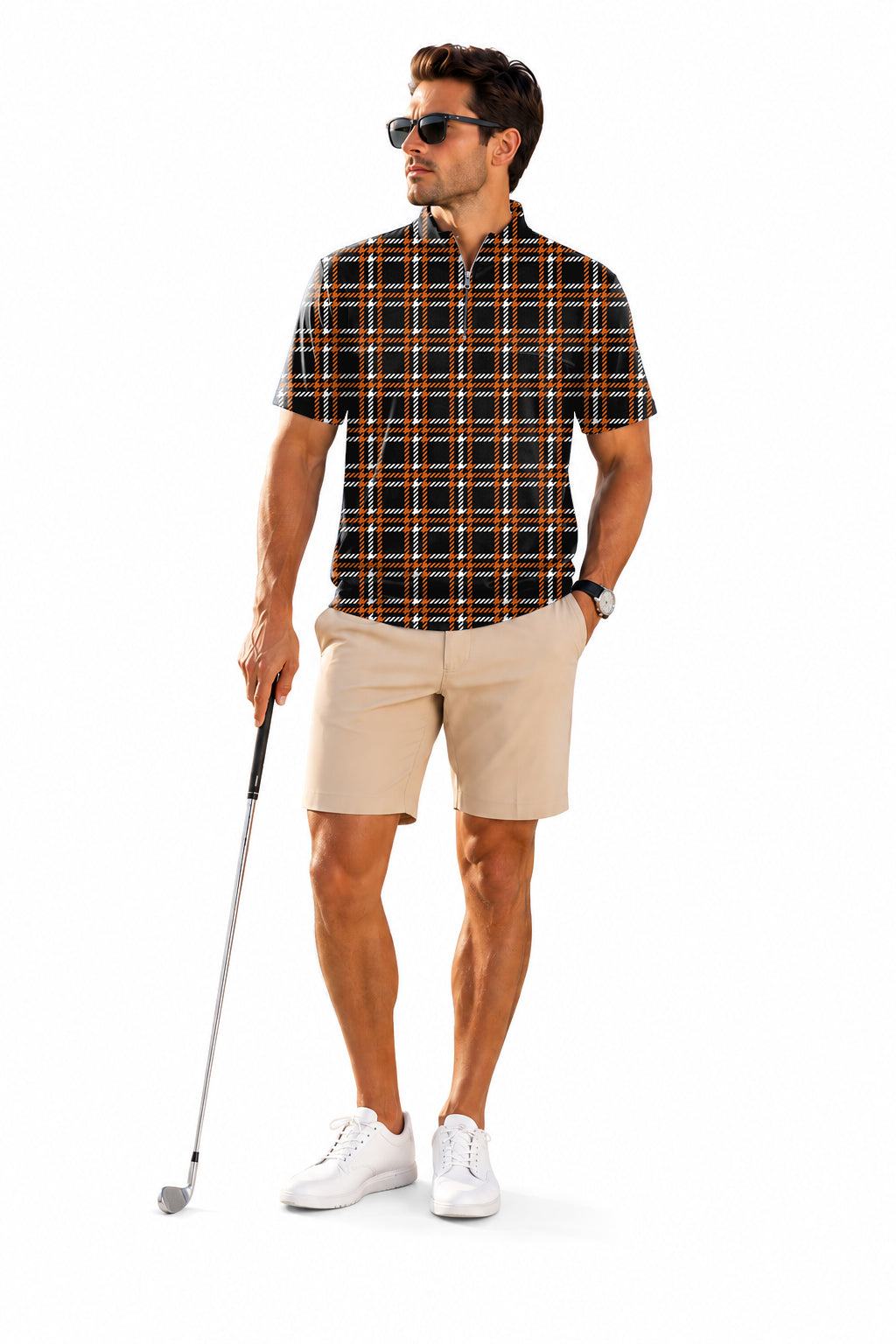 Men's Short Sleeve Quarter Zip Golf Pullover Halloween black yellow white grid