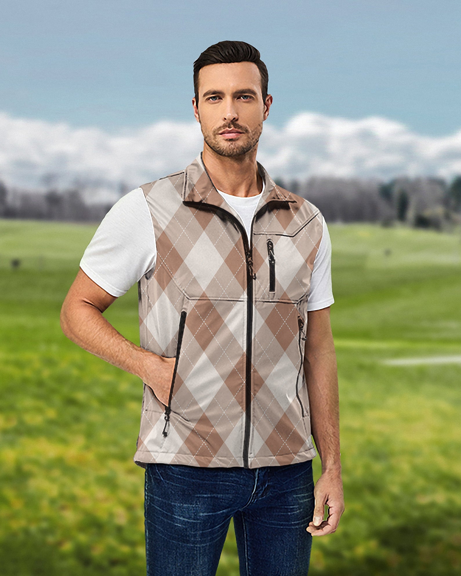 Men's brown Argyle Lightweight Softshell Vest Sleeveless Jacket for Golf Windproof Waterproof