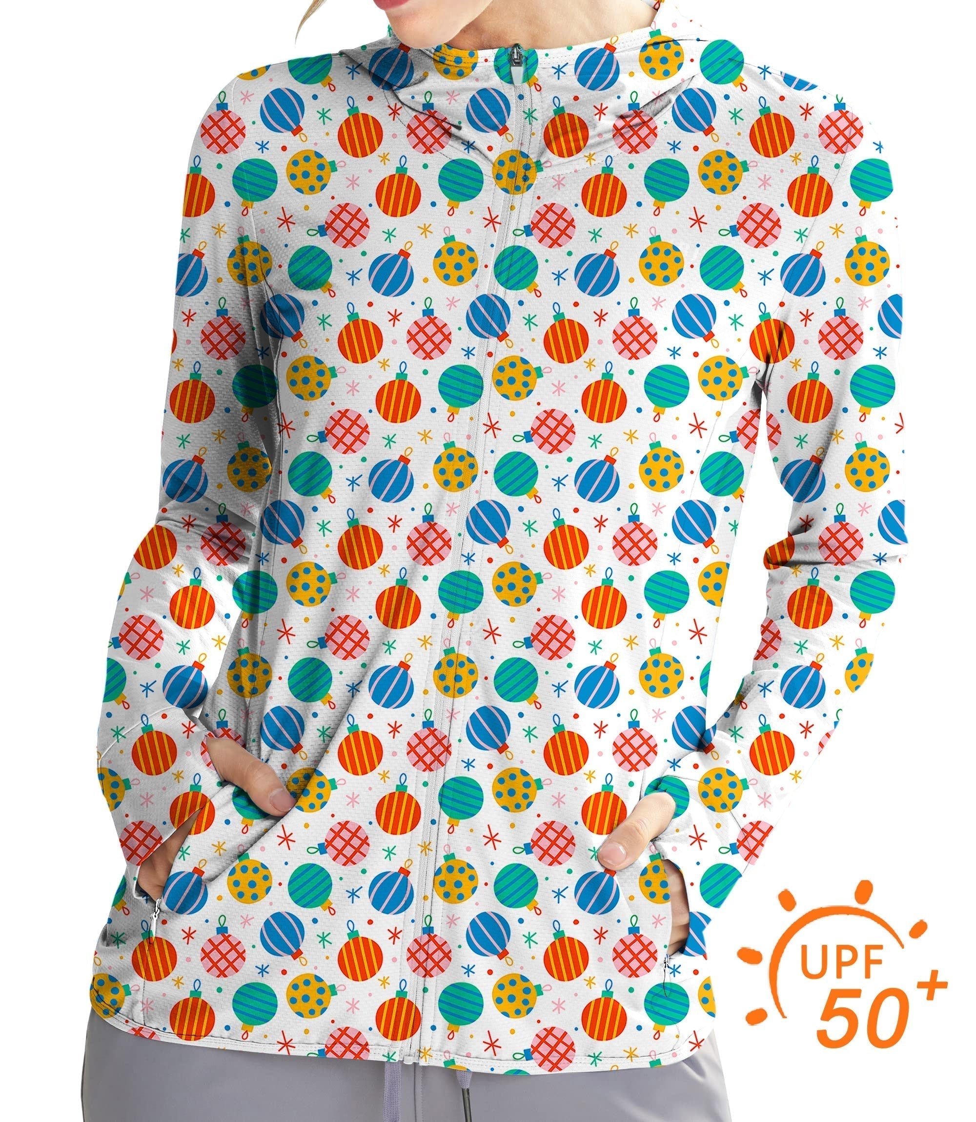 Women's outdoor Christmas decoration slim fit zip hoodie with sun protection UPF 50+ and festive ornament print