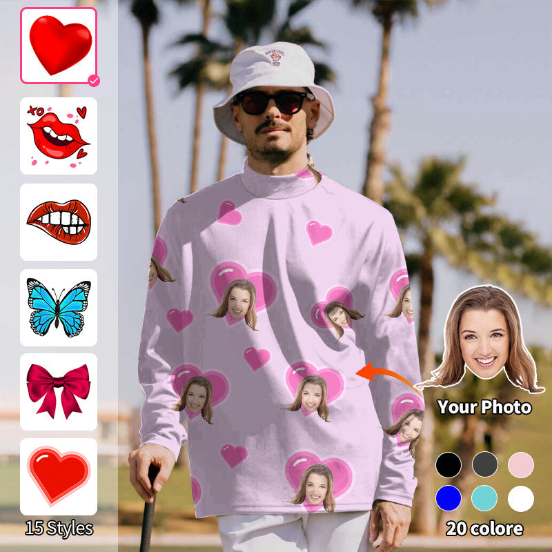 Valentine's Day Men's Custom Photo Face Custom Color Purple Love Pullover High neck Long/Short sleeve T-Shirt