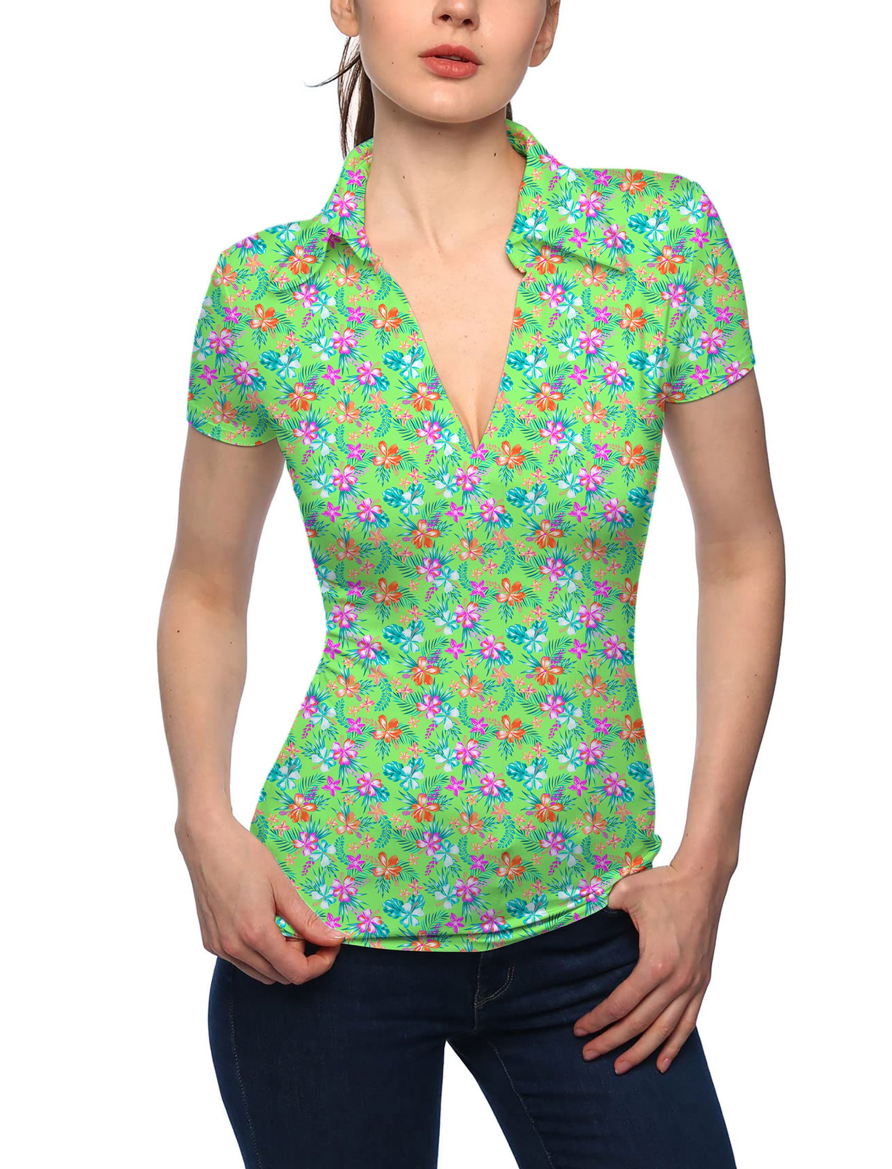 Women's Vibrant Blossom V Neck Golf Polo