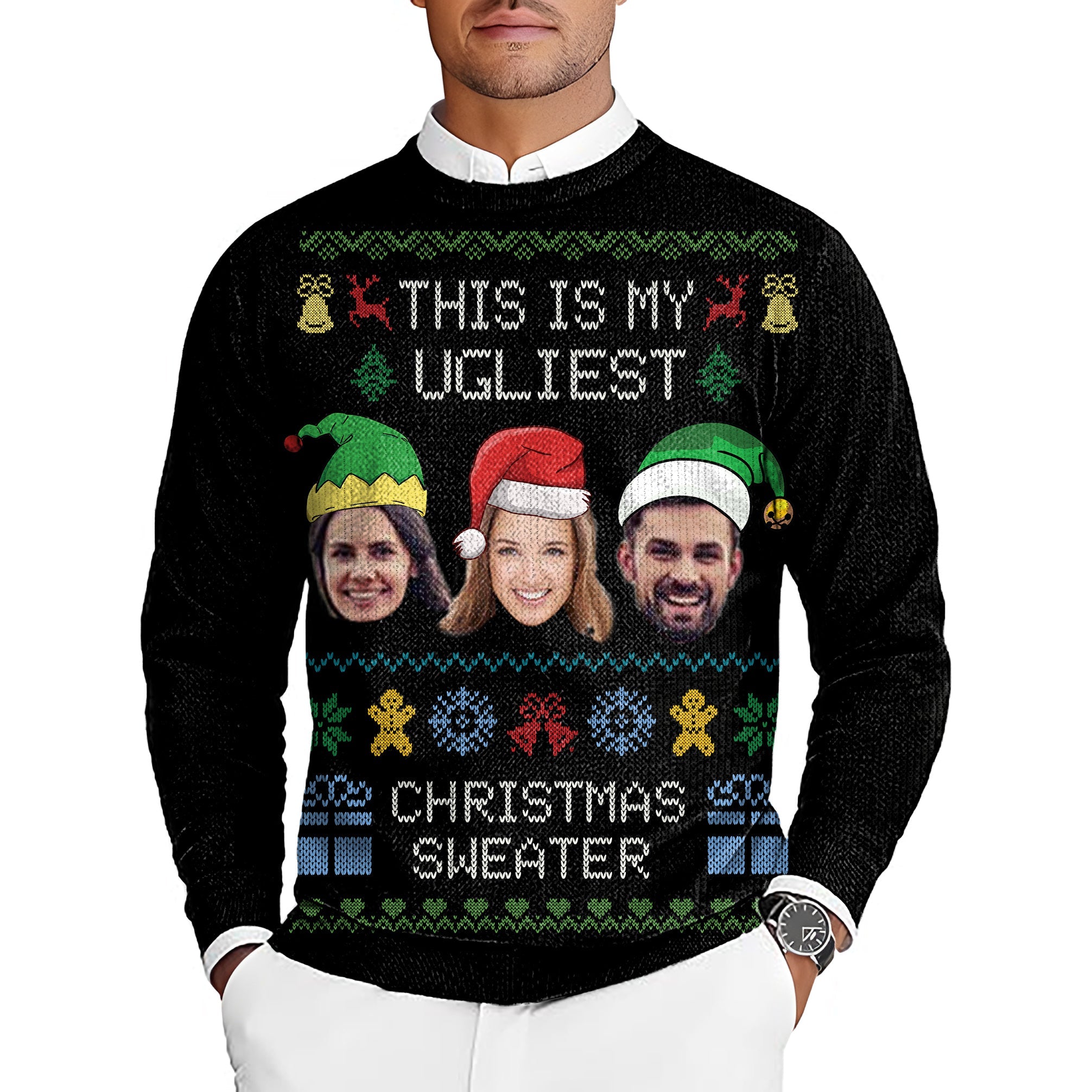 Black-Christmas Custom men's golf crewneck pullover ugly sweater with personalized faces and holiday design