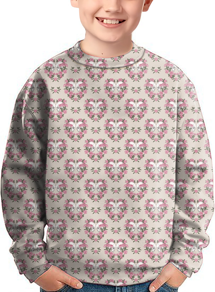 Halloween Skull Rose Crewneck Pullover Kids Ugly Sweater
