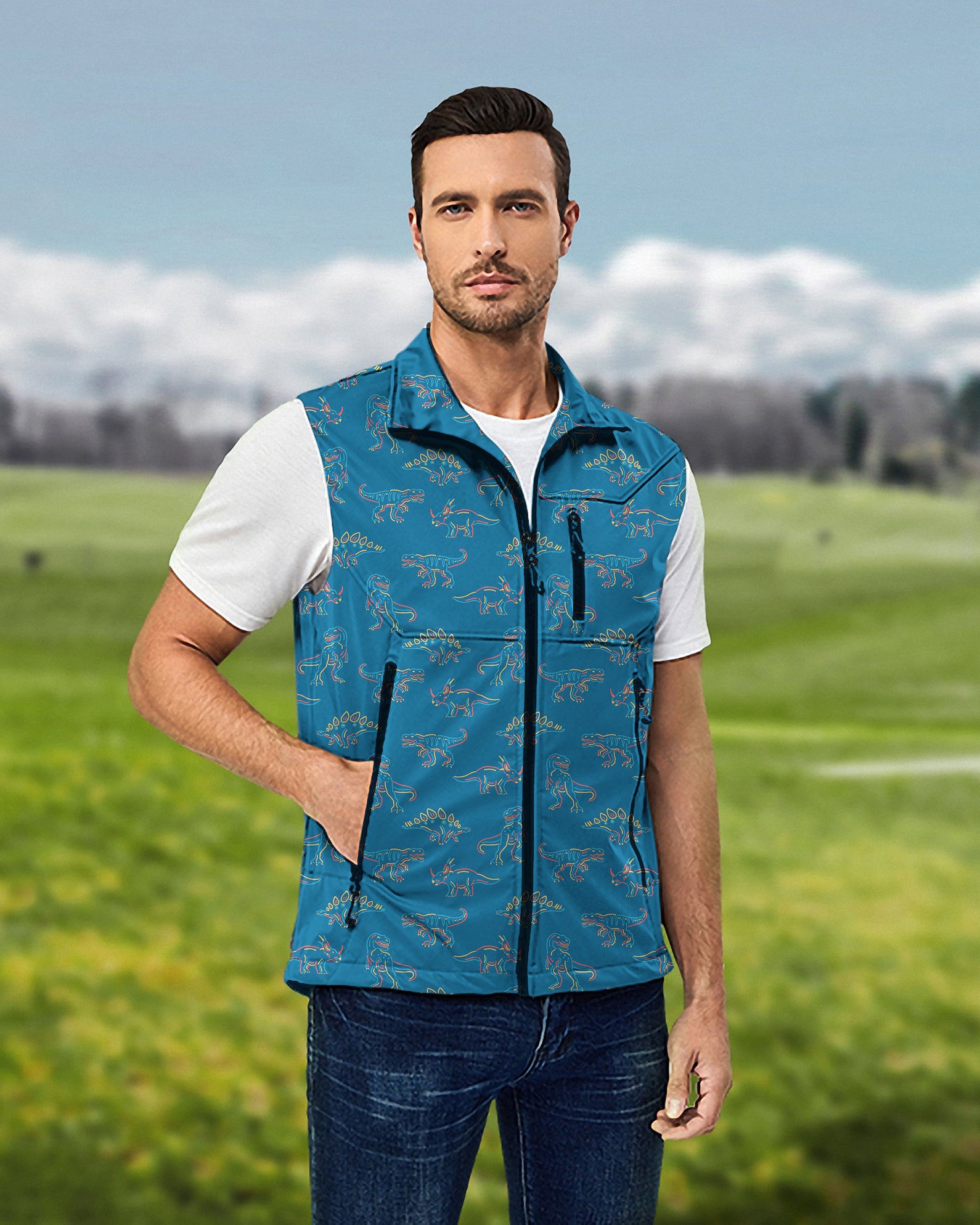 Men's Prehistoric times dinosaur Lightweight Softshell Vest Sleeveless Jacket for Golf