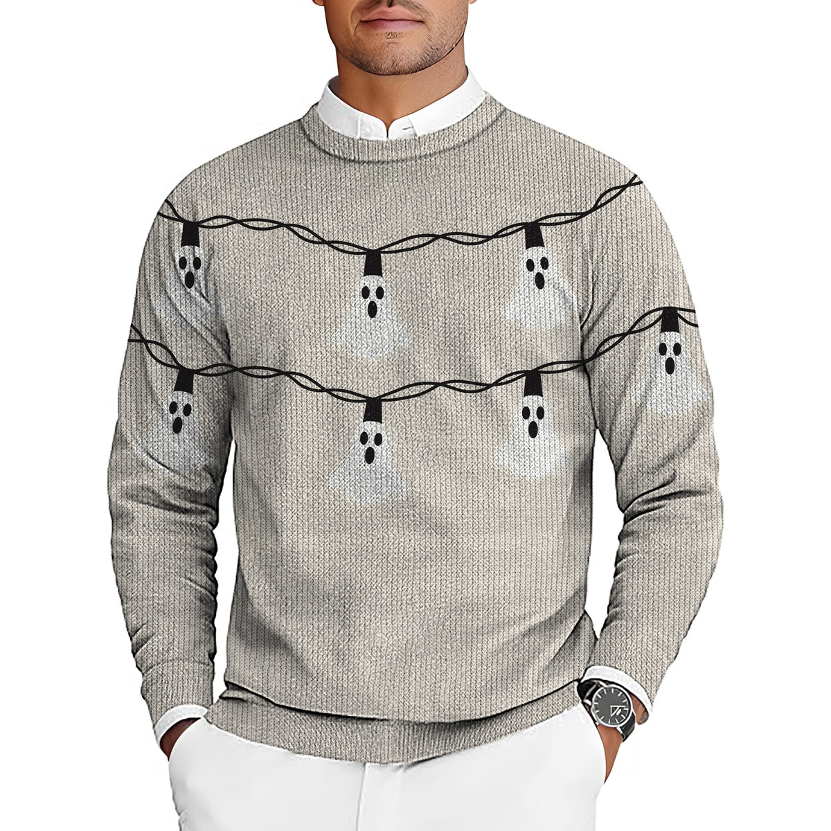 Halloween Ghost Light Men's Golf Crewneck Pullover Sweaters Ugly Sweater