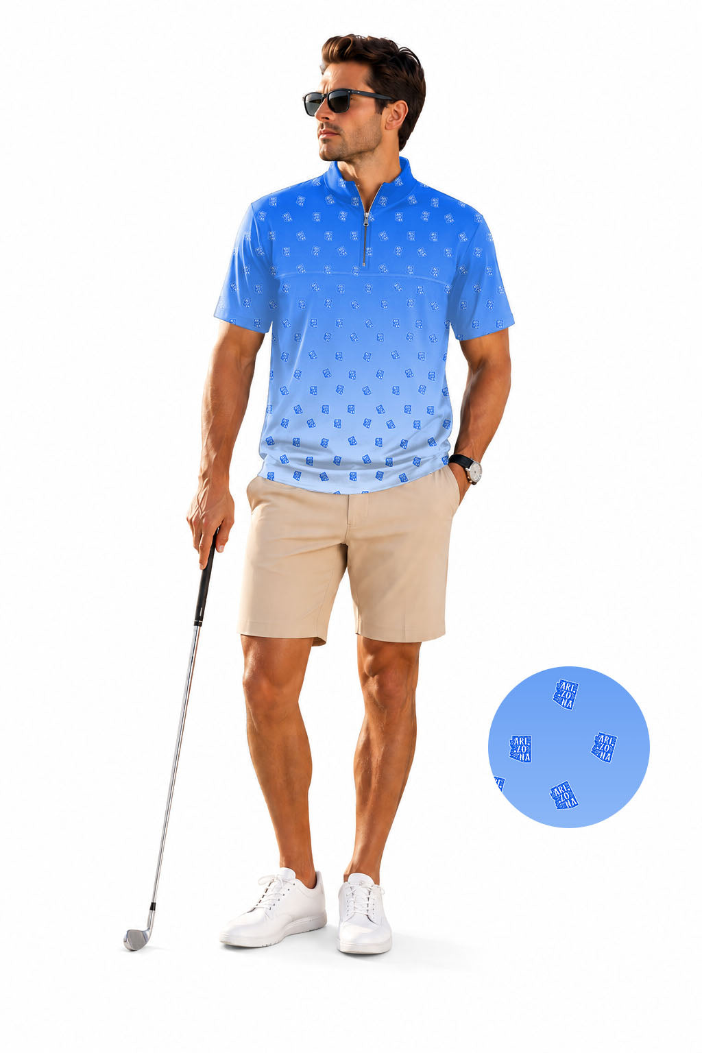 Men's Short Sleeve Quarter Zip Golf Pullover Blue Arizona Embroidery