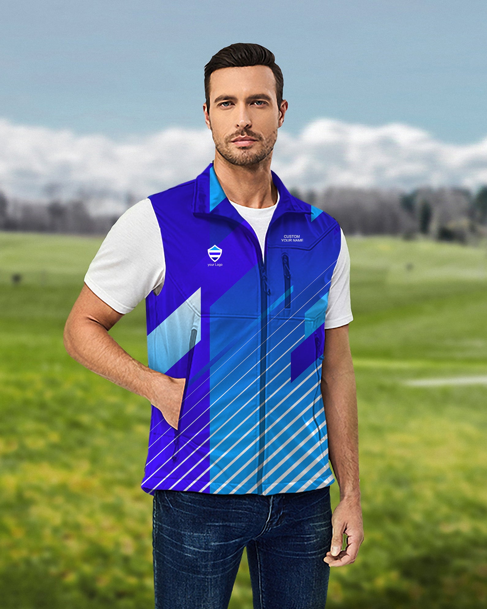 Men's blue sport Team Lightweight Softshell Vest Sleeveless Jacket for Golf Windproof Waterproof