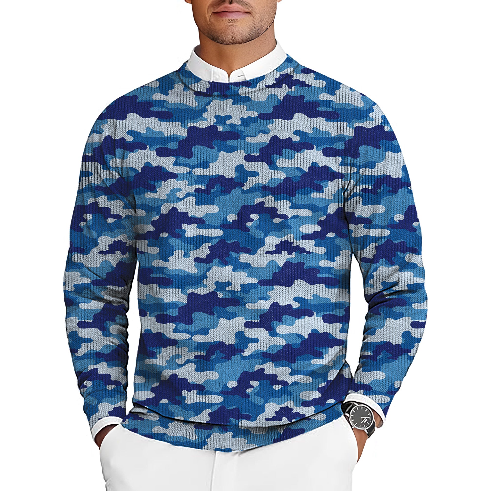 Blue Camo Men's Golf Crewneck Pullover Sweaters Ugly Sweater