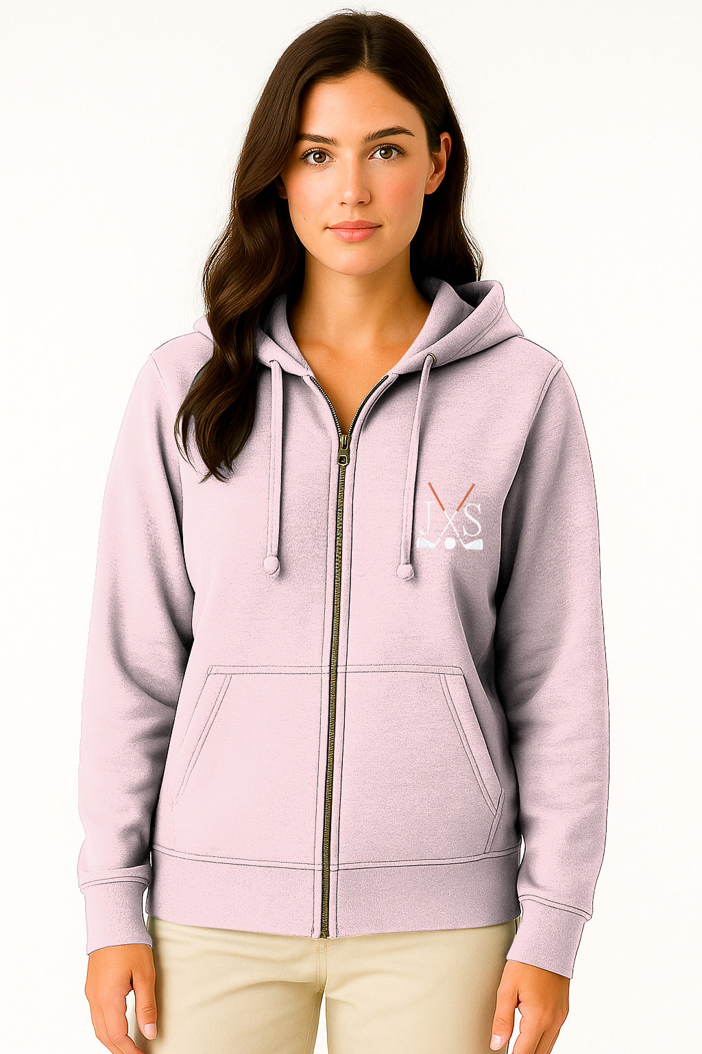 Embroidery solid color pink plus size women's zipper hoodie with golf club and initials embroidery