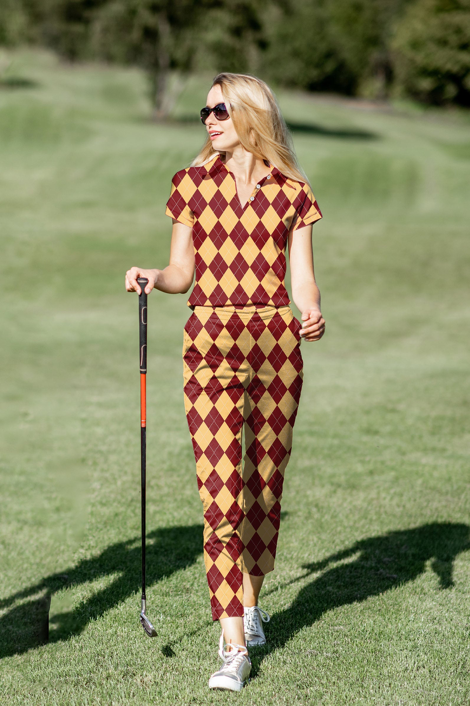 Women's Golf Polo+Pants Set yellow red Argyle