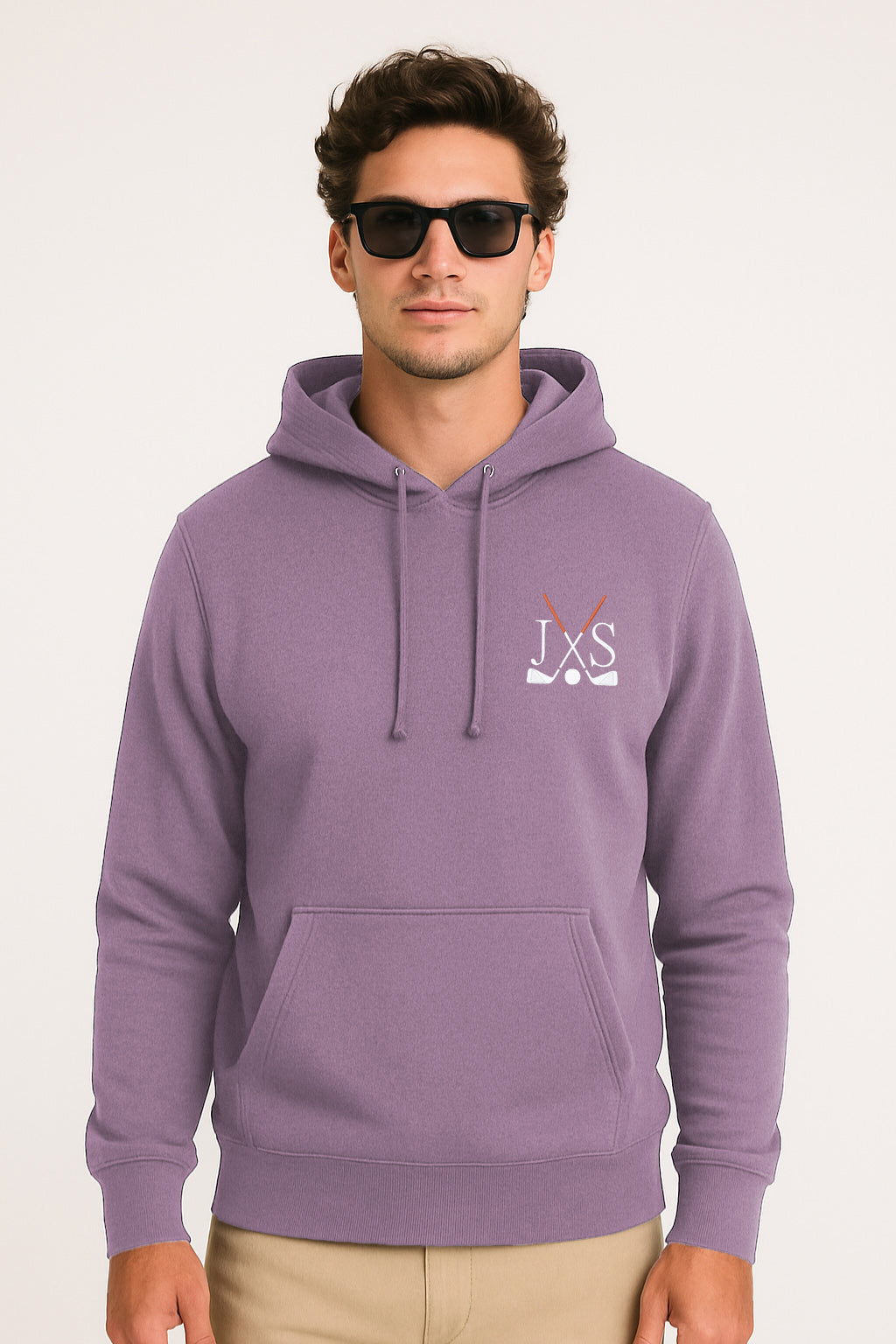 Plus size men's purple embroidery solid color hoodie with front pouch pocket and three-panel hood