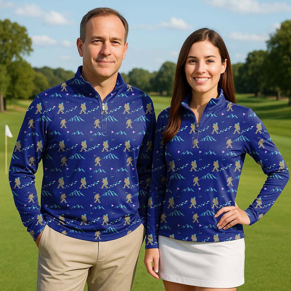 BIG FOOT couple golf active 3/4 zip top with long sleeves in blue patterned lightweight fabric