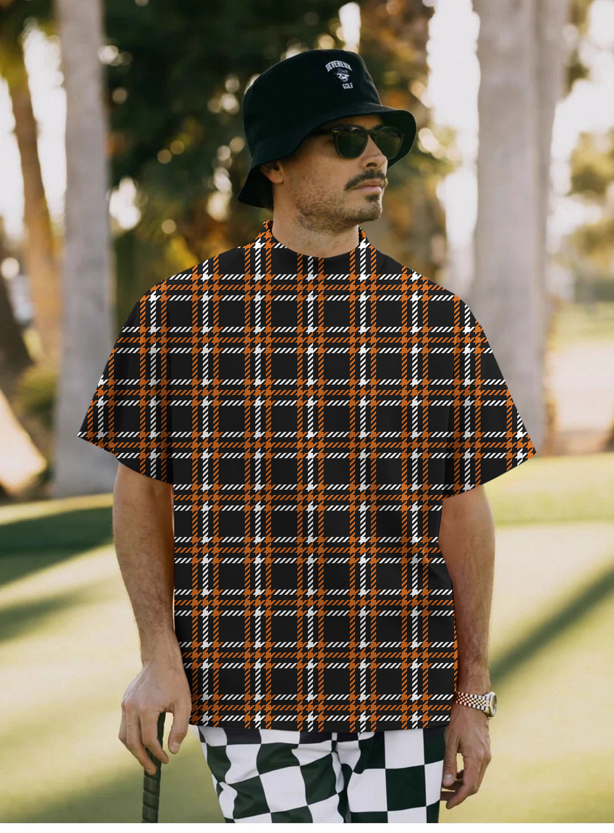 Men's Halloween black yellow white grid Mock Neck Long/Short Sleeve Golf Tops
