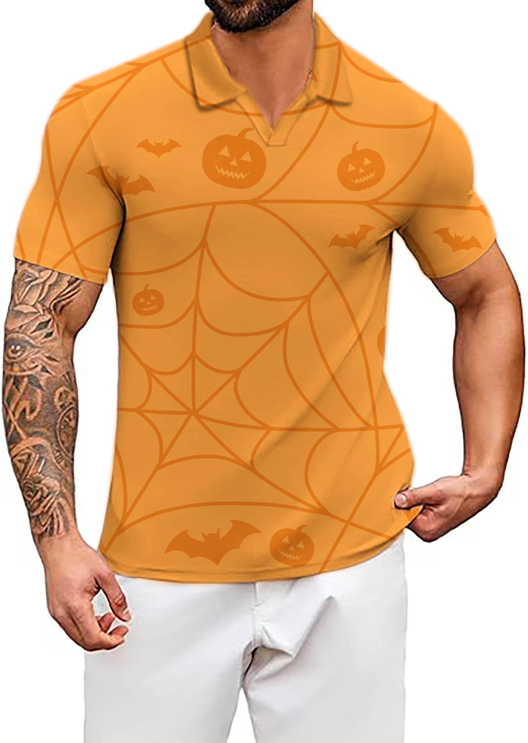 Men's Halloween Spiderweb Pumpkin V Neck Golf Polo Shirts